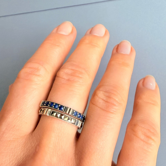 Marcasite & Lapis Reverse Set Gemstone Sterling Silver Two Stacking Band Rings - Picture 7 of 9